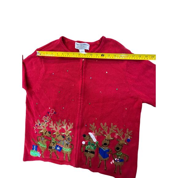 Vintage Ugly Christmas Sweater SZ Large Granny Zip Up Cardigan Knit Holiday Red - Picture 15 of 16